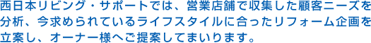 西日本リビング・サポートでは、営業店舗で収集した顧客ニーズを分析、今求められているライフスタイルに合ったリフォーム企画を立案し、オーナー様へご提案してまいります。